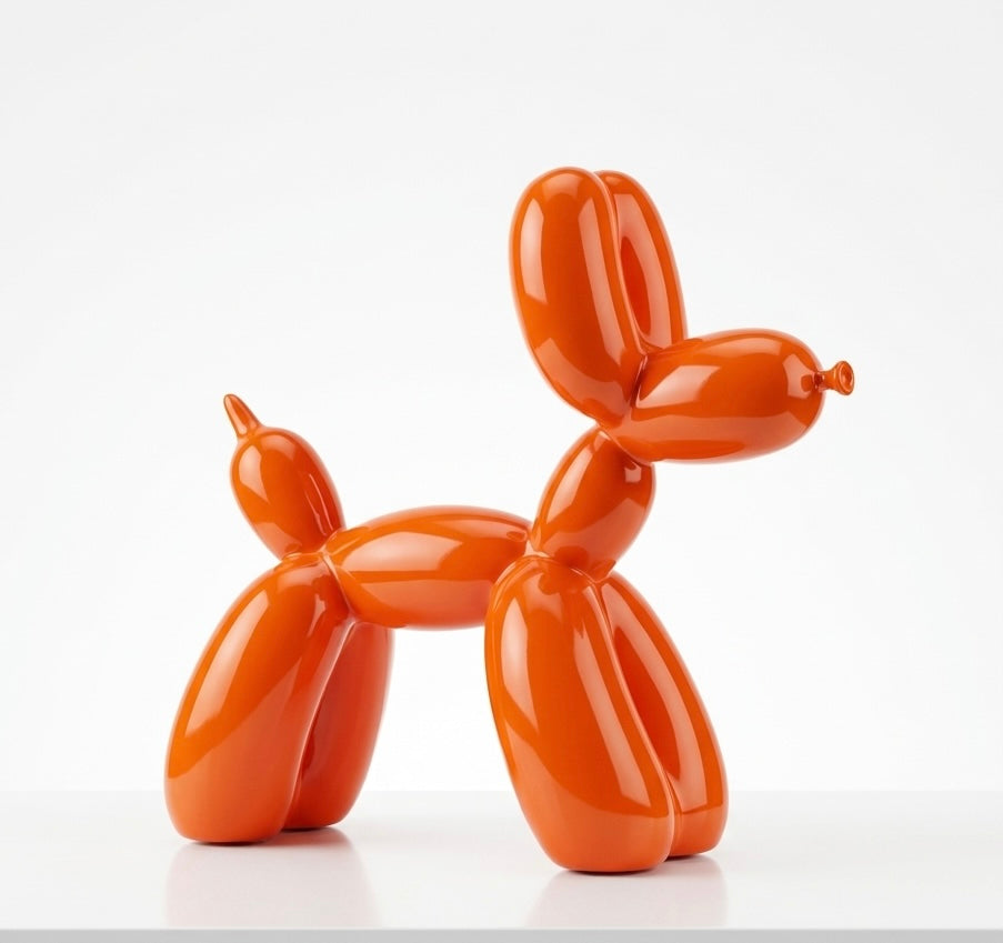 Colorful balloon dog sculpture named Bobby, crafted from shiny, twisted balloon material, displayed on a plain background.